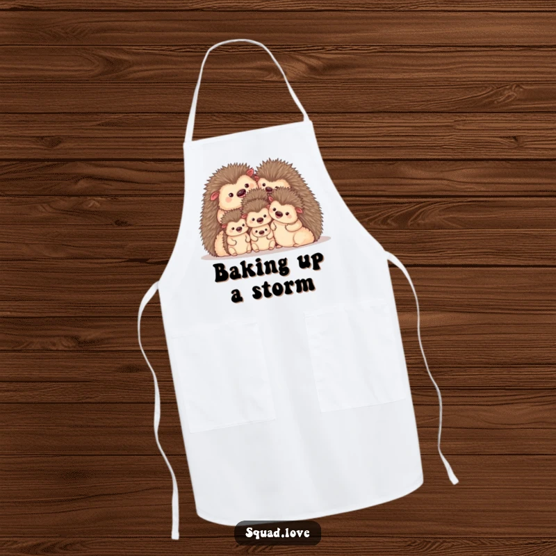 Funny apron showcasing a charming family of hedgehogs in a cozy huddle, perfect for kitchen fun. A great gift.