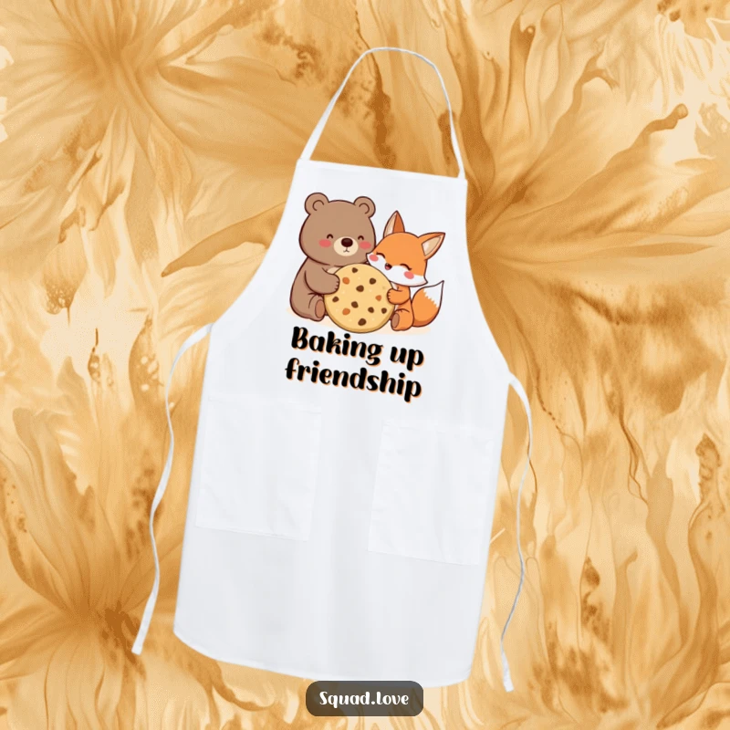 Funny Apron with a bear and fox happily sharing a giant cookie, ready for culinary adventures together.