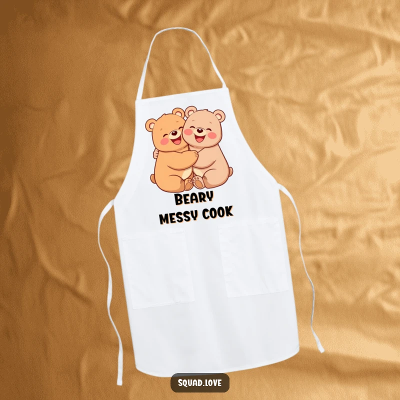 Funny kitchen apron featuring two cheerful bears with pink cheeks, hugging tightly, adding a whimsical and heartwarming touch to cooking.