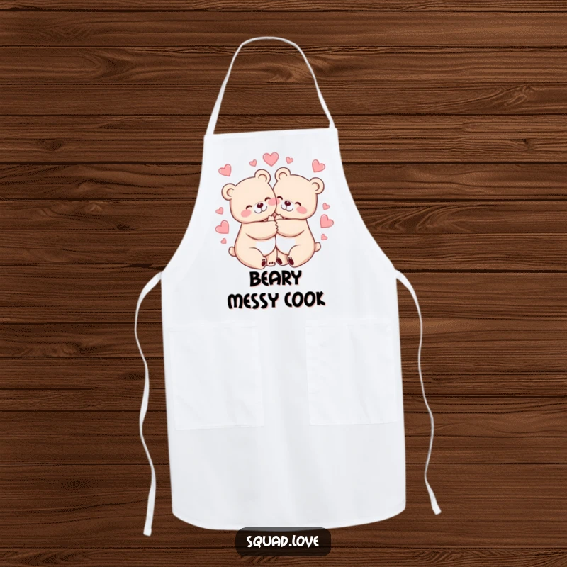 Funny apron with two cheerful bears hugging tightly, surrounded by hearts, perfect for a loving cook.