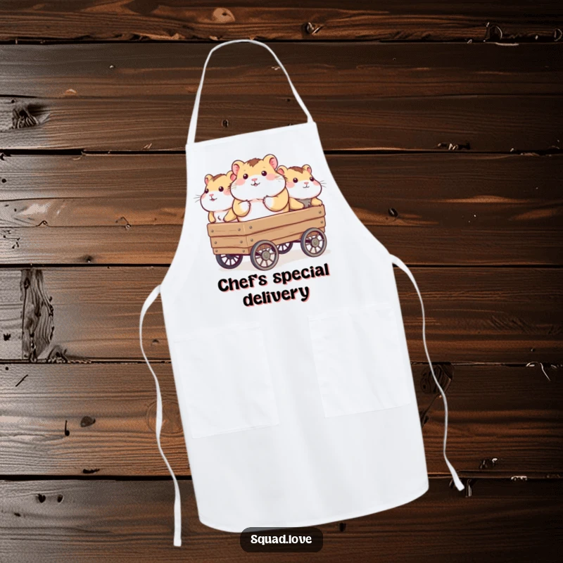 Funny apron featuring a chubby hamster being pulled in a wagon by friends, celebrating collaboration and cute moments.