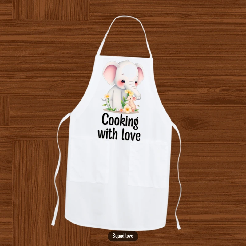 Funny apron with a large elephant offering a flower to a tiny mouse, designed for a joyful and friendly cooking experience.