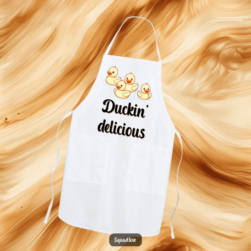 Funny apron showing a smiling duck family swimming in perfect formation, ideal for kitchen tasks with a touch of cheerful unity.