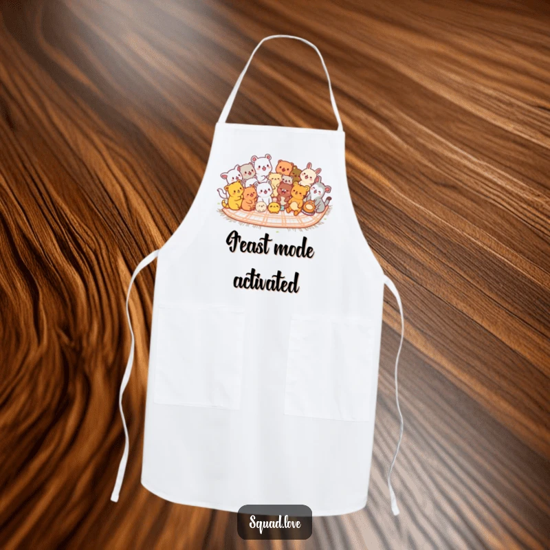 Funny kawaii animals apron, diverse cute animals laughing together on a picnic blanket, suitable for kitchen use.
