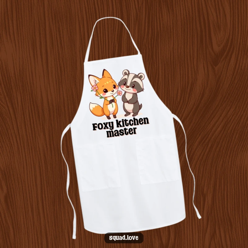 Funny kitchen apron with a playful fox presenting a flower to a smiling badger, bringing woodland charm to your cooking attire.