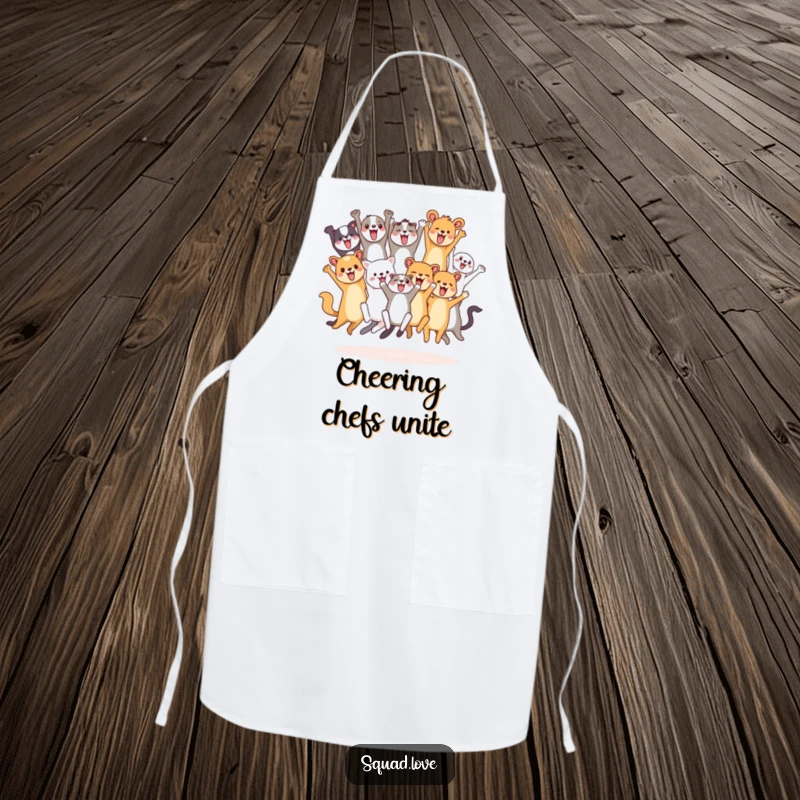 Funny kitchen apron showing a diverse group of animals leaping and cheering, bringing energetic fun to cooking and hosting.
