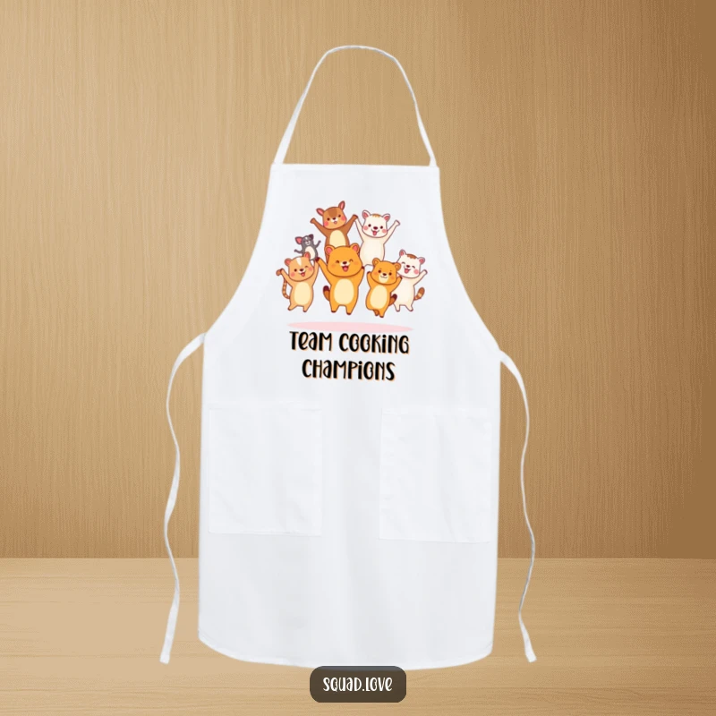 Funny diverse animal friends apron, holding hands and jumping joyfully, adding joyful unity to kitchen activities.