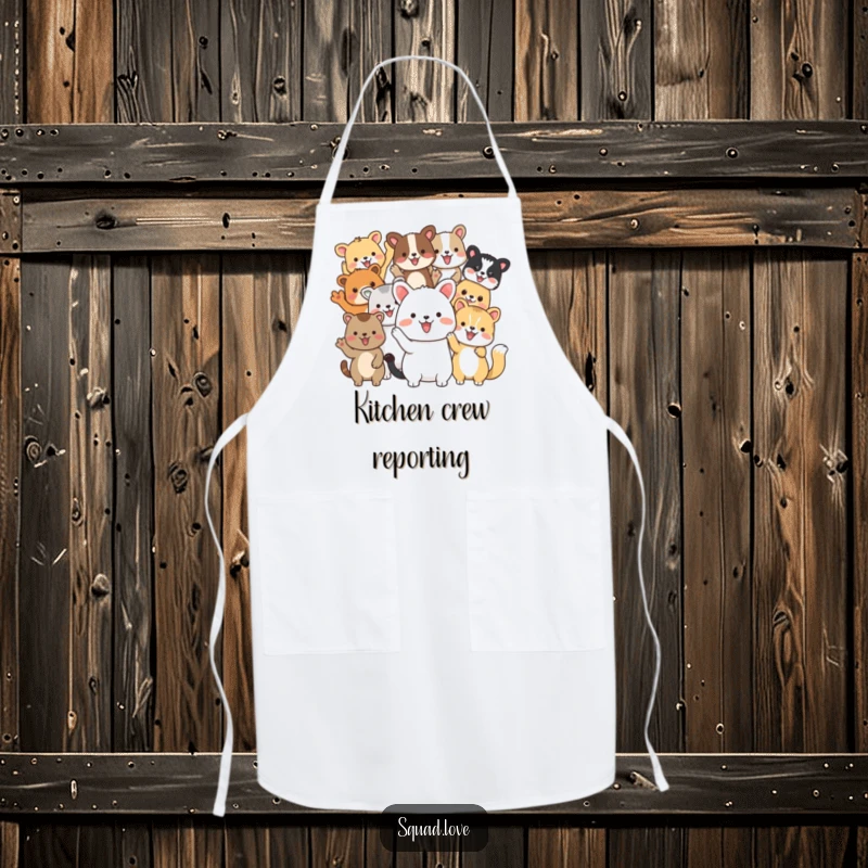 Funny apron designed with diverse animal friends waving heartily, perfect for a cheerful kitchen and celebrating the spirit of friendship.