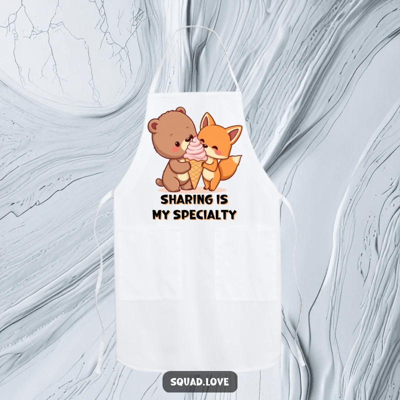 Funny apron showing a bear cub and fox sharing a giant ice cream cone, ideal for culinary fun and sweet treats.