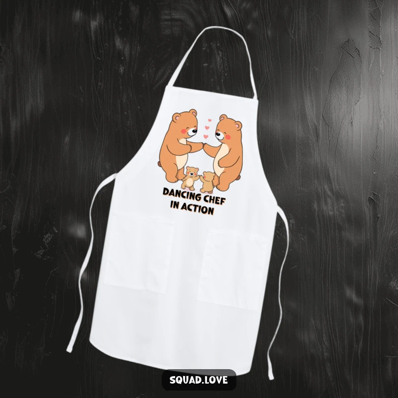 Funny Apron showcasing a happy bear family dancing in a circle, perfect for adding charm to cooking.