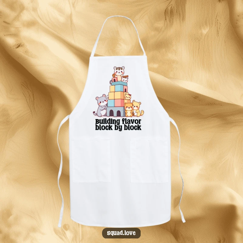 Funny apron showcasing kawaii animals diligently constructing a block tower, adding a playful and humorous touch to cooking or crafting activities.