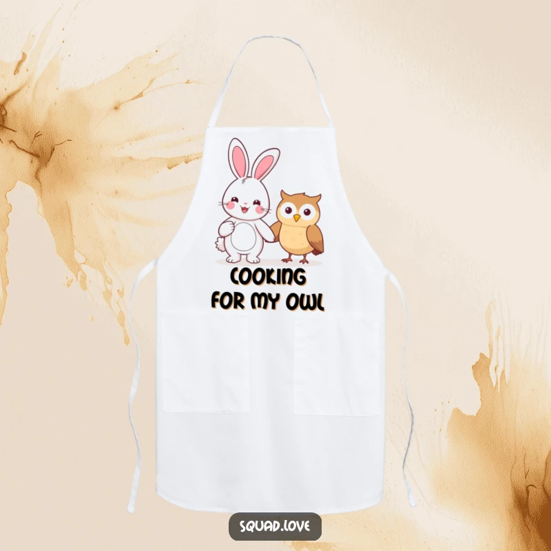 Funny apron showcasing a beaming kawaii bunny holding hands with a smiling owl, perfect for kitchen charm.