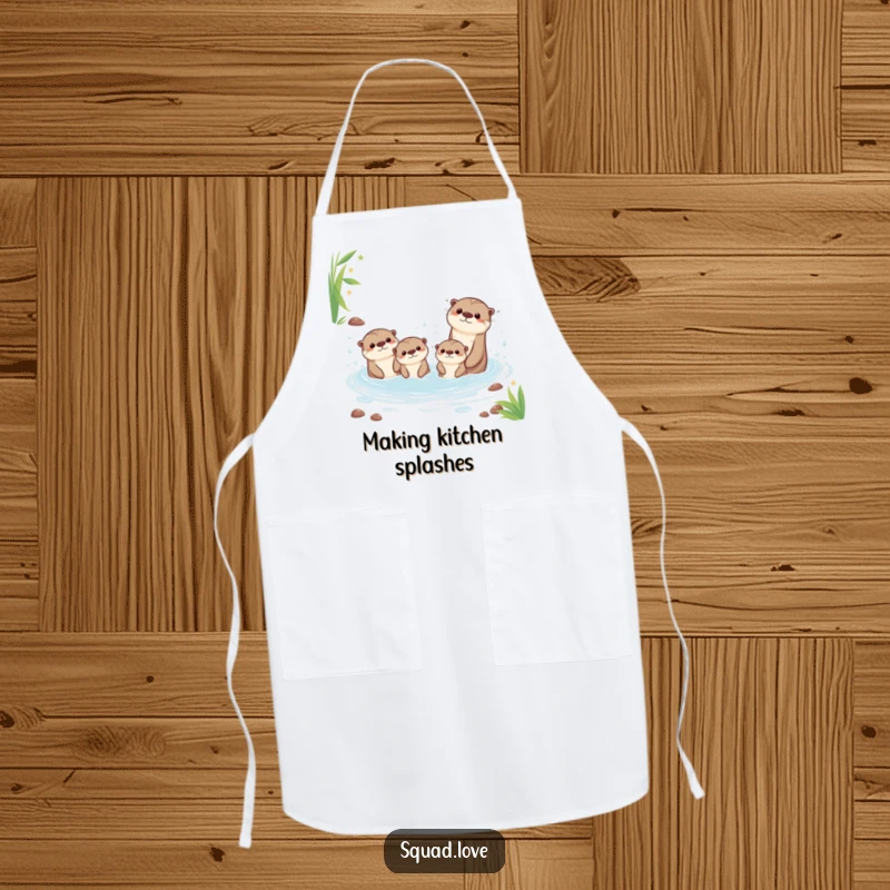 Funny apron showing a cute kawaii otter family splashing playfully in a bubbly stream, adding humor to kitchen tasks.