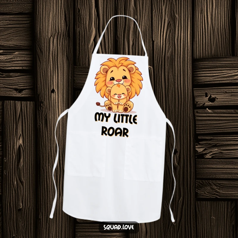 Funny lion family apron, illustration of a proud lion cub hugged by a larger lion, both beaming, for a joyful cooking experience.