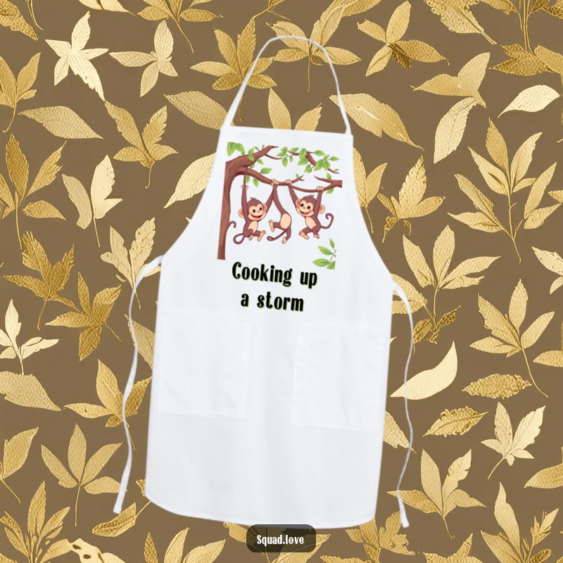 Funny apron with lively monkeys swinging from branches, playfully reaching for each other, bringing humorous energy to the kitchen.