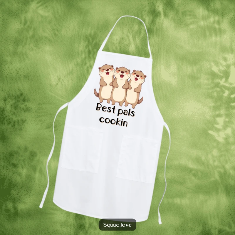 Funny apron with three ecstatic otters linking arms and cheering, ready to add humorous flair to any cooking session.