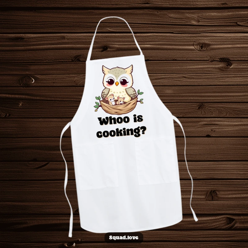Funny Owl and Mouse Apron: A playful owl and a small mouse share a nest, a cute and functional apron for culinary adventures with a touch of nature.