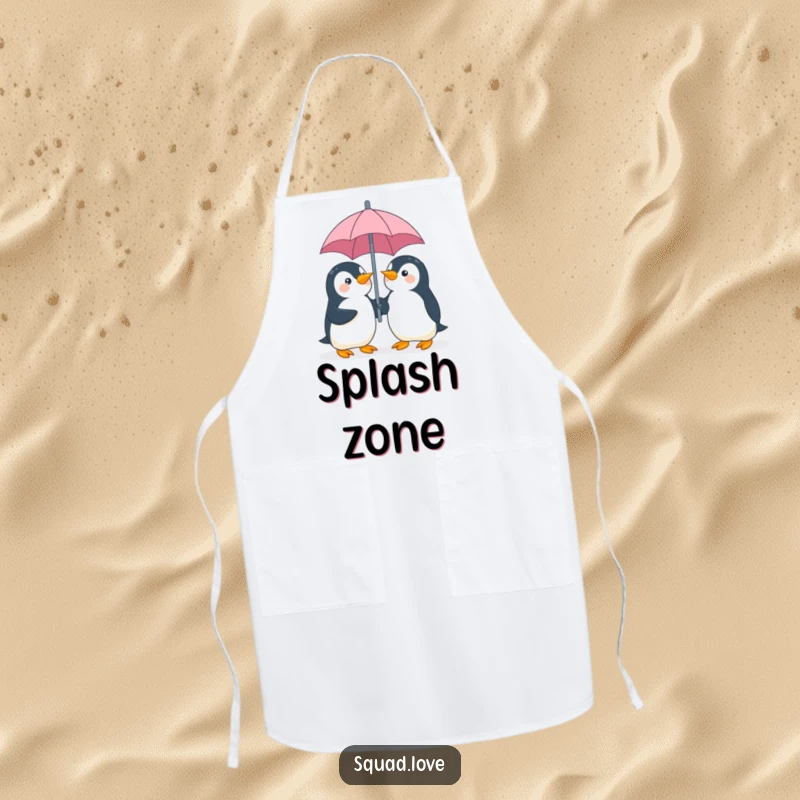 Funny penguin umbrella apron, illustration of two playful penguins giggling while sharing an umbrella, perfect for joyful cooking.
