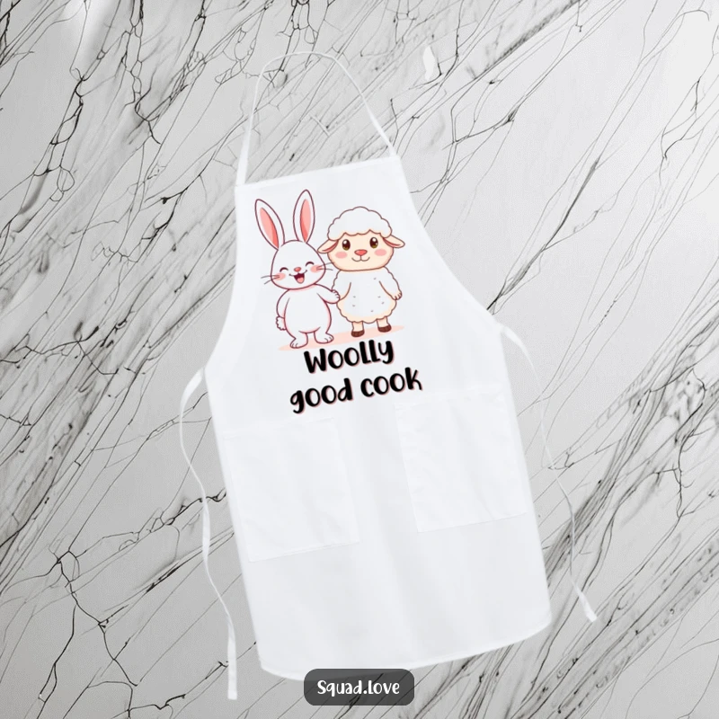 Funny kitchen apron with a cheerful rabbit holding hands with a fluffy sheep, perfect for baking with a sweet and gentle theme.
