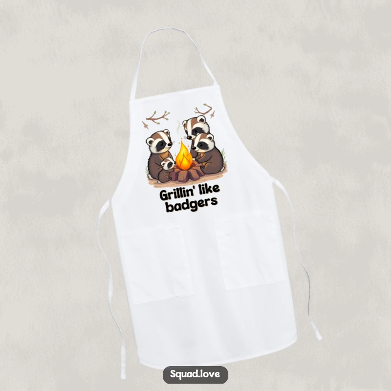 Funny apron showing a badger family cozily gathered around a campfire, ideal for kitchen tasks with woodland charm and warmth.