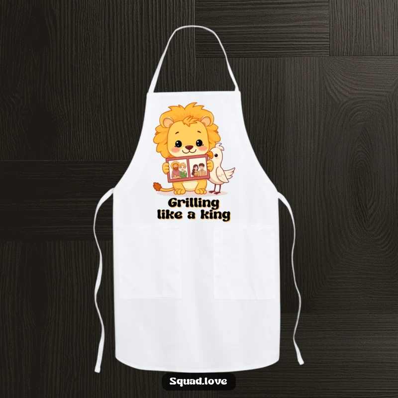 Funny lion family album apron featuring a proud lion showing a photo album to a bird, perfect for proud kitchen moments.