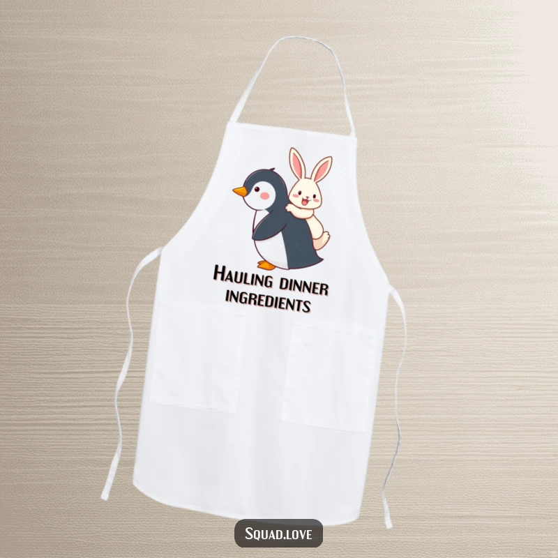Funny apron depicting a penguin giving a happy rabbit a piggyback ride, ideal for joyful cooking and kitchen decor.