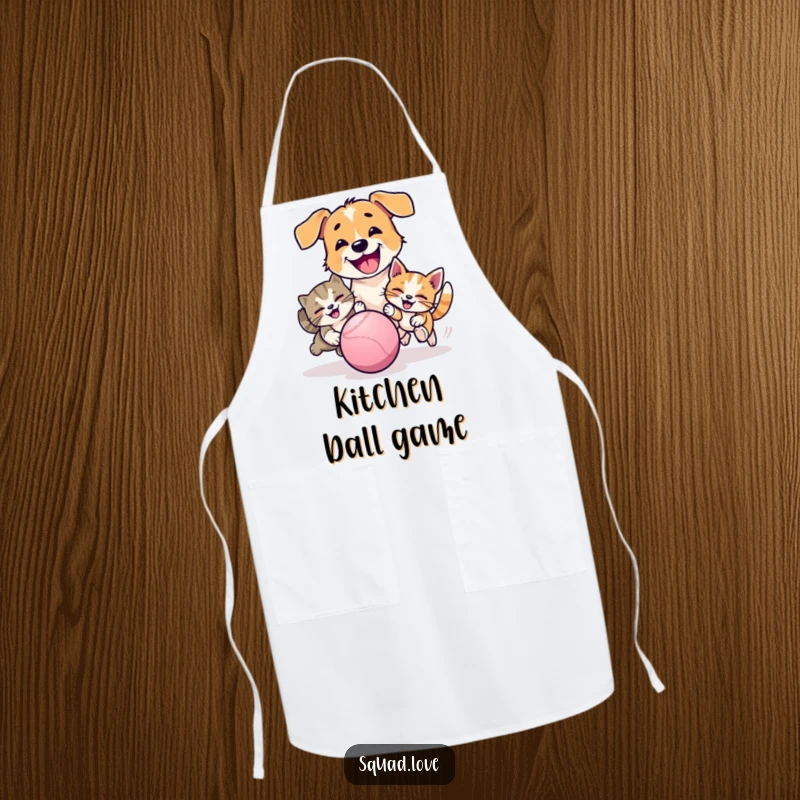 Funny apron showing a happy dog and cat playfully chasing a ball, adding a touch of pet-themed fun to kitchen tasks.
