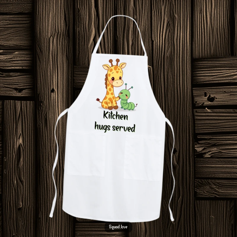 Funny apron featuring a tall giraffe patting a small, sad caterpillar, designed for a kitchen filled with warmth and care.