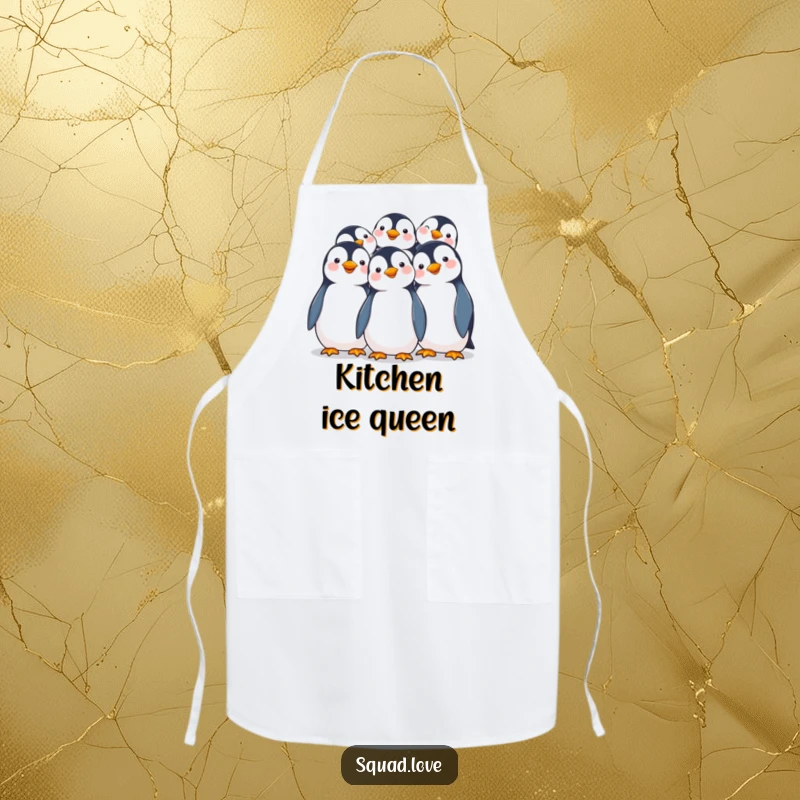 Funny apron showing smiling penguins joyfully huddling together, adding a touch of winter cheer to kitchen tasks.