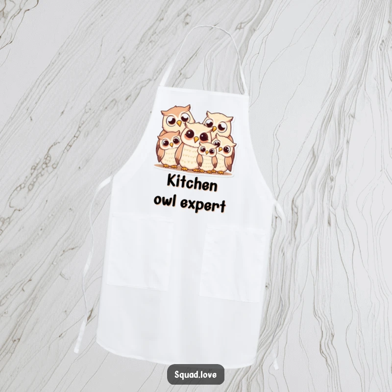 Funny owl family apron, featuring a smiling huddle of owls, adding a touch of joy and protection to kitchen tasks.