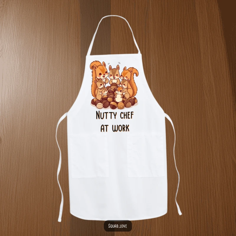 Funny apron depicting a squirrel family chattering excitedly over a pile of acorns, perfect for a humorous kitchen and nutty bakers.