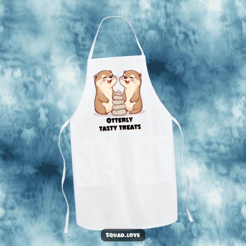 Funny apron showing two laughing otter friends balancing stones, ideal for kitchen tasks with a dose of playful humor.