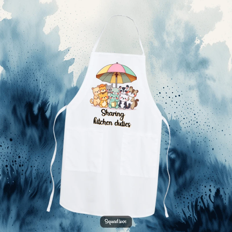 Funny animal friends apron, featuring a group of diverse animals sharing a large umbrella, perfect for kitchen fun.
