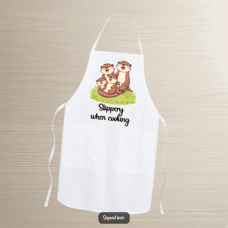 Funny otter family apron showing animated otters sliding down a green grassy hill, perfect for a humorous cooking experience.