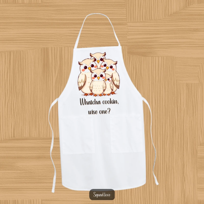 Funny apron with a smiling owl family huddle, beak to beak, ideal for kitchen fun and protection.