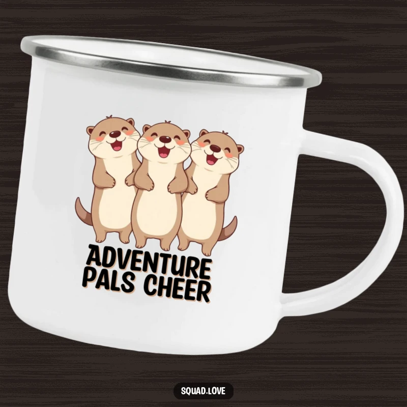 Funny camping mug with three ecstatic otters linked together, cheering, perfect for outdoor adventures and humorous campfire stories.