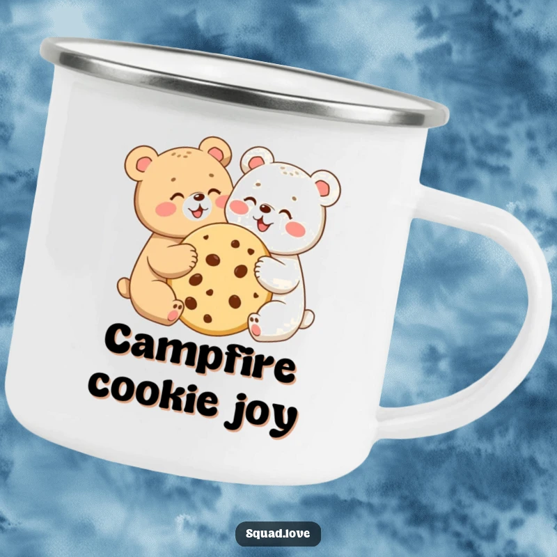 Two joyful bear cubs sharing a giant cookie, on a durable camping mug, outdoor sweetness and friendship.