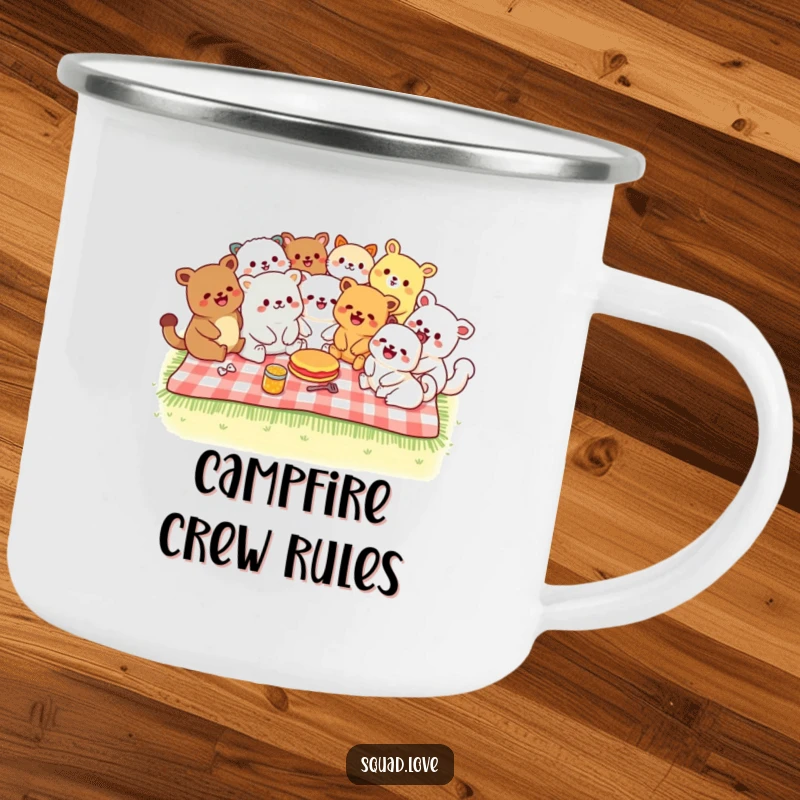 Funny camping mug with diverse kawaii animals laughing on a picnic blanket, ideal for outdoor enjoyment and happy sips.