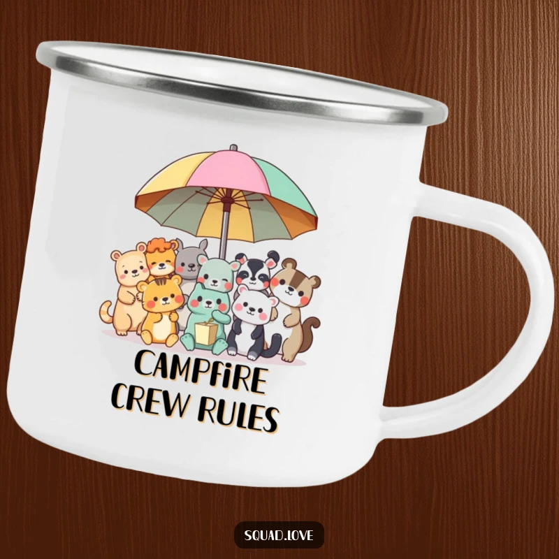 Funny animal friends camping mug, showing happy animals sharing a vibrant umbrella, ideal for outdoor beverages.