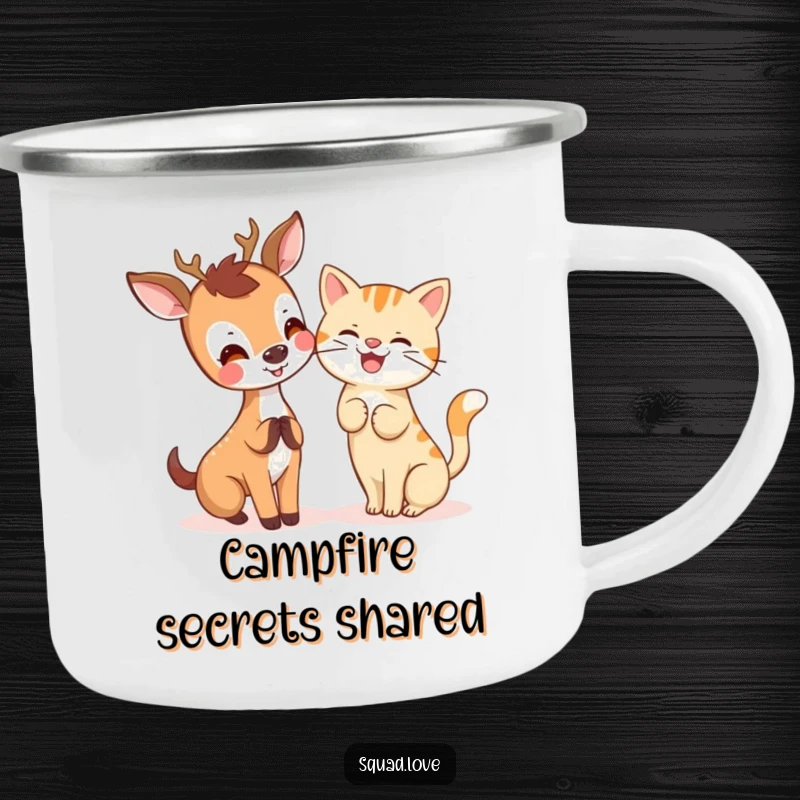 A joyful kawaii deer sharing a secret with a giggling cat, on a durable camping mug.