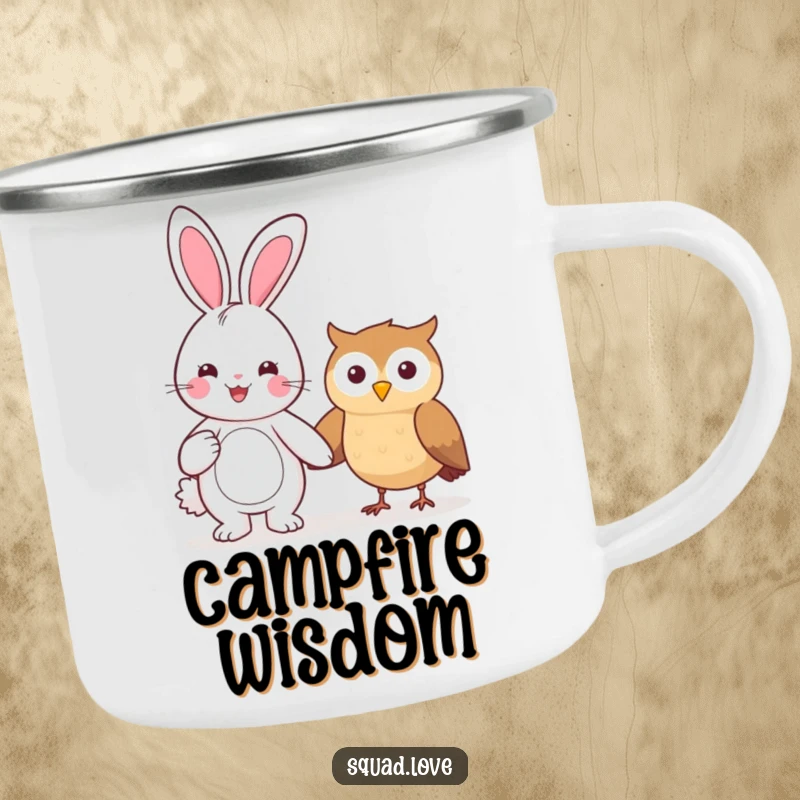 Funny camping mug with a beaming kawaii bunny holding hands with a smiling owl, ideal for outdoor enjoyment.