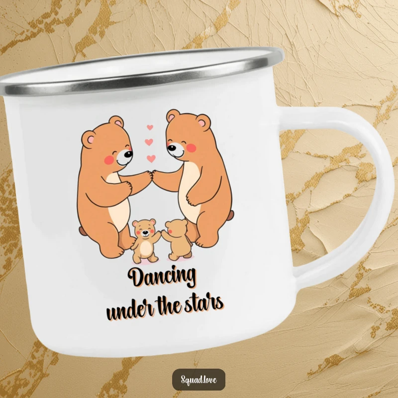 Funny Camping Mug with an enamel finish featuring a happy bear family dancing in a circle, built for outdoor enjoyment.