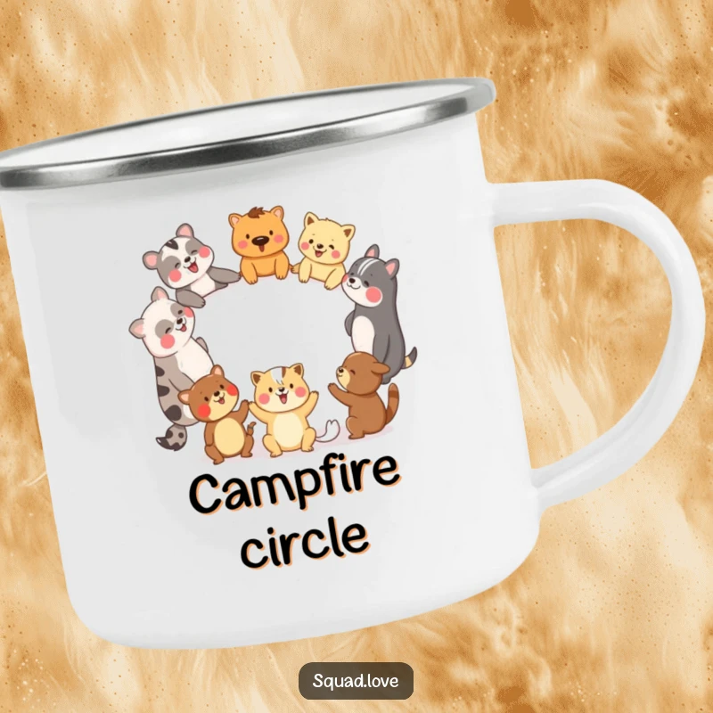Funny animal friends holding hands in a laughing circle on a durable camping mug, perfect for the outdoors.