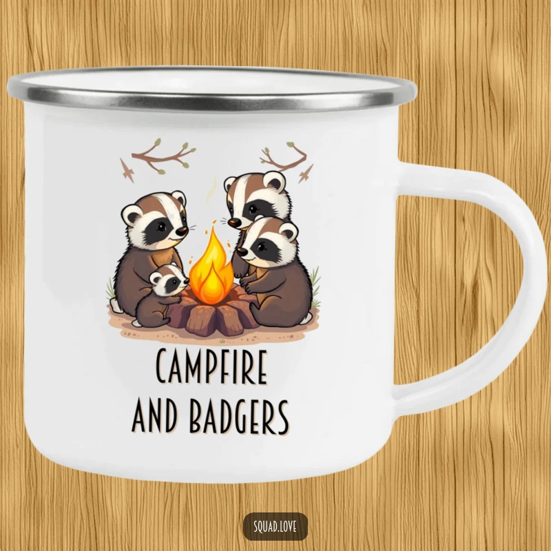 Funny camping mug with a badger family cozily gathered around a warm campfire, perfect for enjoying beverages outdoors with woodland comfort.