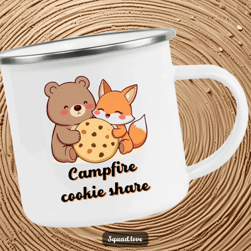 Funny Camping Mug showing a happy bear and fox sharing a giant cookie, ready for outdoor enjoyment.