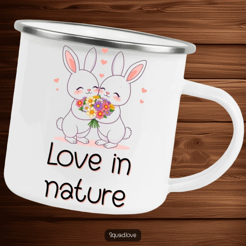 Funny camping mug featuring a loving bunny couple sharing a flower bouquet, durable for outdoor adventures and romantic sips.