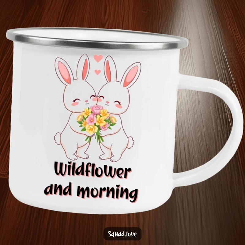 Funny camping mug depicting a loving bunny couple sharing flowers, perfect for outdoor adventures and romance.