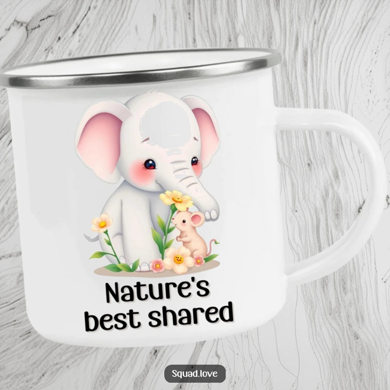Funny camping mug illustrating a gentle elephant offering a bloom to a tiny mouse, perfect for adventurers who love cute tales.
