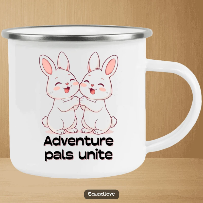 Funny enamel camping mug featuring two giggling bunnies holding paws, ideal for enjoying beverages outdoors with friendship-themed humor.