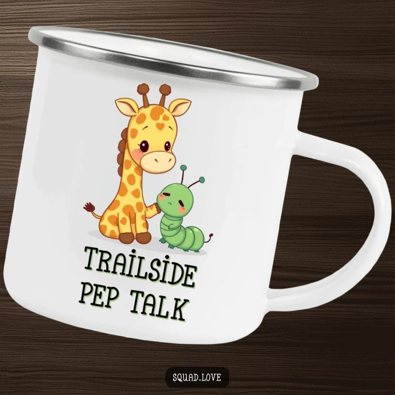 Funny camping mug illustrating a tall giraffe offering a comforting pat to a tiny, sad caterpillar, perfect for outdoor enthusiasts.